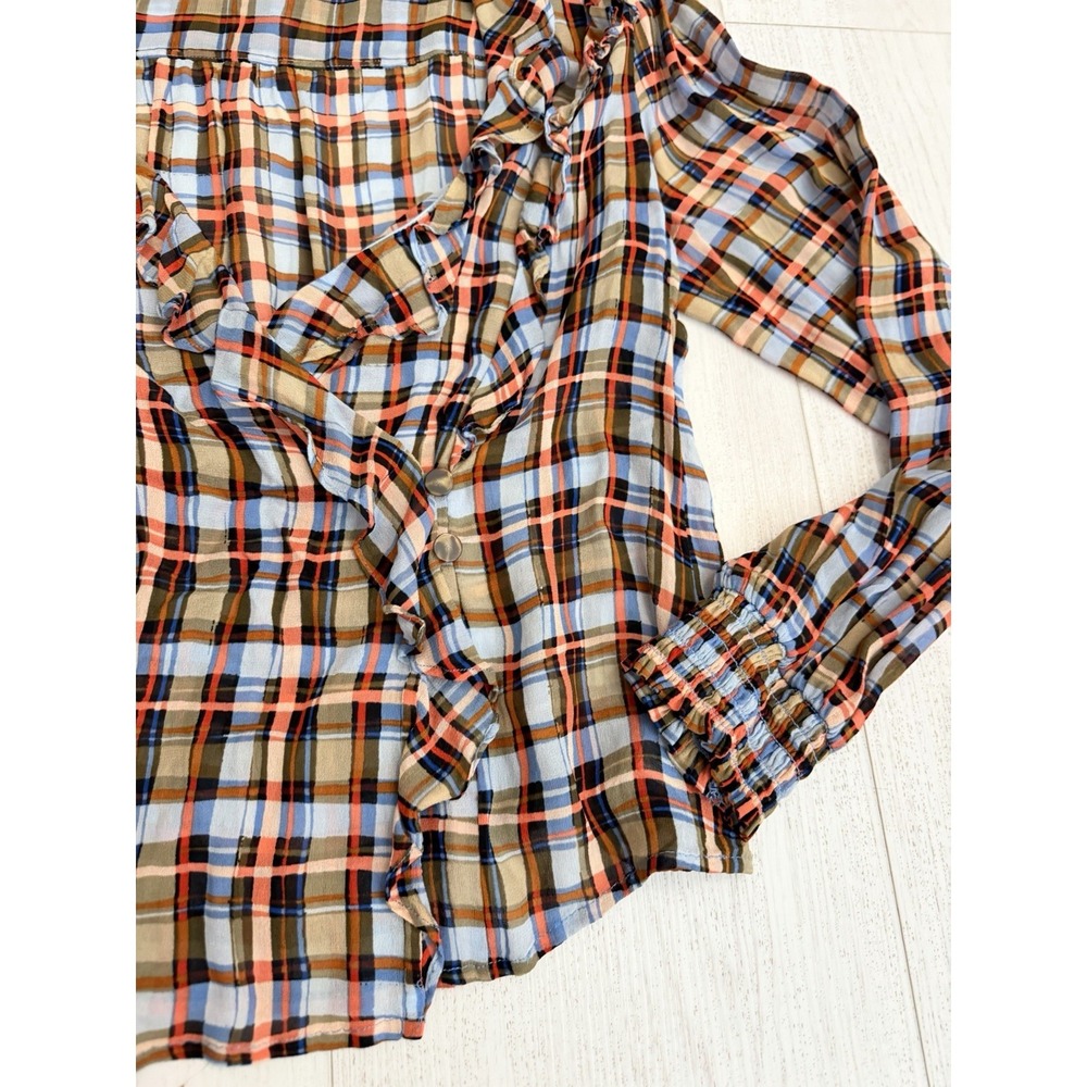 Maeve Anthropologie Laila Plaid Ruffle Sheer Top Sz 8 - Picture 2 of 7